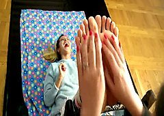 Big foot woman socks and bare feet oiled and tickled