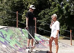 Hot old tattooed slut fucking a hard young skateboarder