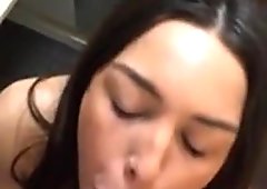 Pretty brunette gets a huge white cock facial